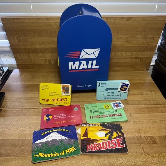 Melissa & Doug My Own Mailbox Wooden Educational Toy Blue with Postcards Stamps - Picture 5 of 5